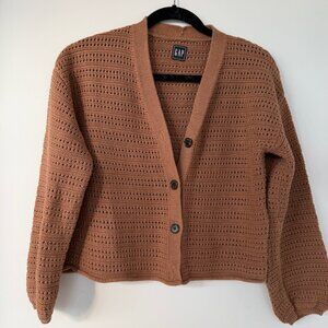 GAP Open-Knit Button Front Cardigan in Rust Brown